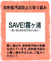 放射線汚染防止の取り組み　SAVE!霞ヶ浦　霞ヶ浦は今、放射能汚染の危機を迎えています。放射能汚染から霞ヶ浦を守るため、ご協力ください！