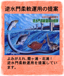 逆水門柔軟運用の提案　よみがえれ、霞ヶ浦・北浦！逆水門柔軟運用を提案しています。